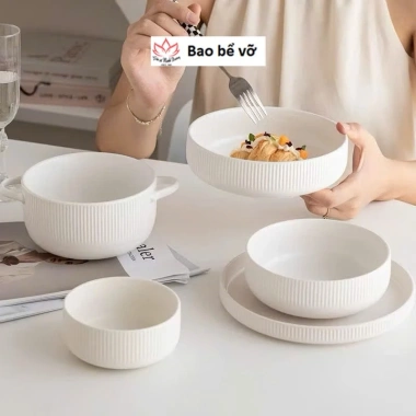 Bộ bát đĩa sứ Hàn cao cấp vân sọc Giá chỉ 21.000₫ phong cách nhà hàng sang trọng