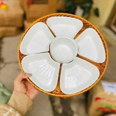 Bộ bát đĩa sứ hoa mai + khay mây cao cấp, đựng thực phẩm thờ cúng - 200.000₫ 4