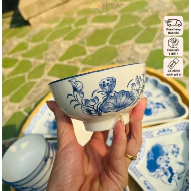 Bộ bát đĩa sứ hoa sen GIGA HOUSE - Trang trọng, tinh tế, chỉ 250.000₫ (giá gốc 320.000₫)