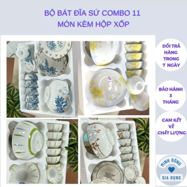 Bộ bát đĩa sứ hoa văn Tulip 11 món - men sáng bóng, combo sang trọng, giá 180k