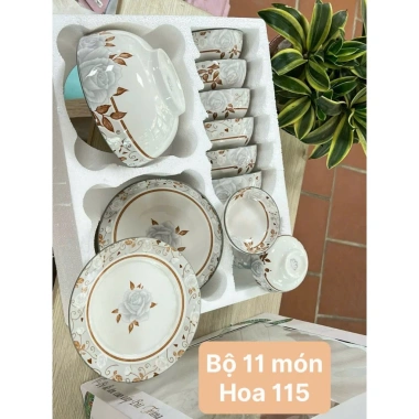 Bộ bát đĩa sứ hoa văn Tulip 11 món - men sáng bóng, combo sang trọng, giá 180k
