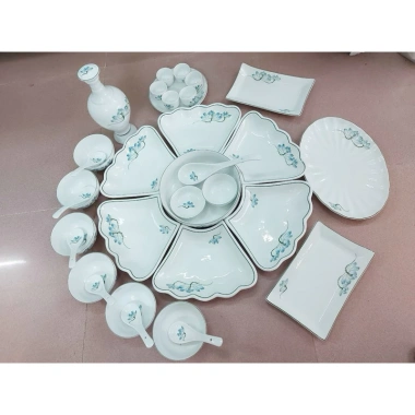 Bộ Bát Đĩa Sứ Trắng Cúng Gia Tiên 3 Size - Hoạ Tiết Sen Xanh Vẽ Tay - Quà Tặng Ý Nghĩa 280k