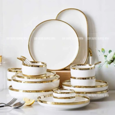 Bộ bát đĩa sứ Trắng Vân Vàng 4-6-10 người, thiết kế Bắc Âu sang trọng, giảm còn 595k 3