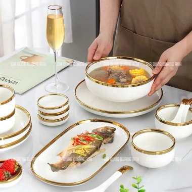 Bộ bát đĩa sứ Trắng Vân Vàng 4-6-10 người, thiết kế Bắc Âu sang trọng, giảm còn 595k 7