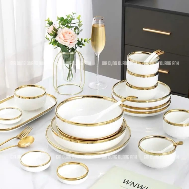Bộ bát đĩa sứ Trắng Vân Vàng 4-6-10 người, thiết kế Bắc Âu sang trọng, giảm còn 595k 8