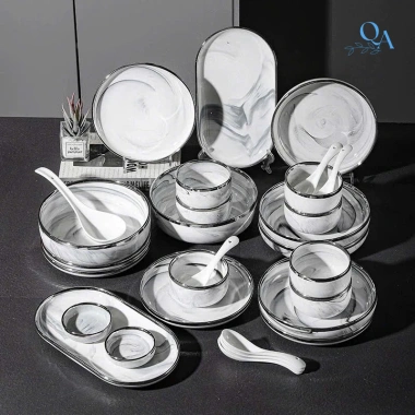 Bộ bát đĩa sứ vân đá viền bạc cao cấp 6-10 người - Vân mây, Luxury Tableware, quà tặng sang trọng - Giá ưu đãi 595.000₫