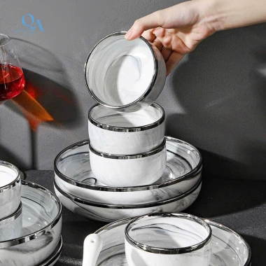 Bộ bát đĩa sứ vân đá viền bạc cao cấp 6-10 người - Vân mây, Luxury Tableware, quà tặng sang trọng - Giá ưu đãi 595.000₫