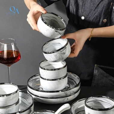 Bộ bát đĩa sứ vân đá viền bạc cao cấp 6-10 người - Vân mây, Luxury Tableware, quà tặng sang trọng - Giá ưu đãi 595.000₫