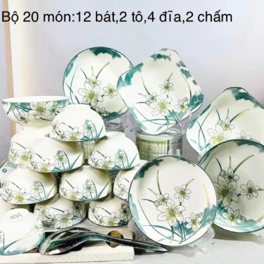 Bộ Bát Đĩa Thủy Tiên 20 Món Bát Tràng Men Sáng Bóng - Hàng Loại 1, Giá Rẻ, Đẹp