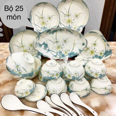 Bộ Bát Đĩa Thủy Tiên 20 Món Bát Tràng Men Sáng Bóng - Hàng Loại 1, Giá Rẻ, Đẹp