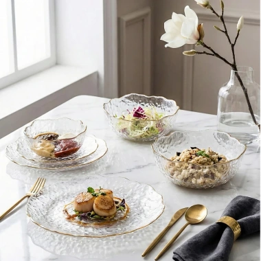 Bộ Bát Đĩa Thủy Tinh Vân Sần Viền Vàng Sang Trọng - Đựng Hoa Quả Home Luxury 90k
