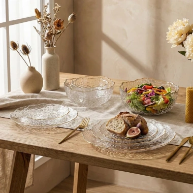 Bộ Bát Đĩa Thủy Tinh Vân Sần Viền Vàng Sang Trọng - Đựng Hoa Quả Home Luxury 90k
