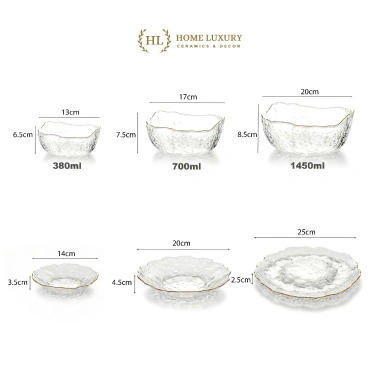 Bộ Bát Đĩa Thủy Tinh Vân Sần Viền Vàng Sang Trọng - Đựng Hoa Quả Home Luxury 90k
