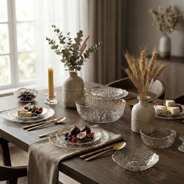 Bộ Bát Đĩa Thủy Tinh Vân Sần Viền Vàng Sang Trọng - Đựng Hoa Quả Home Luxury 90k