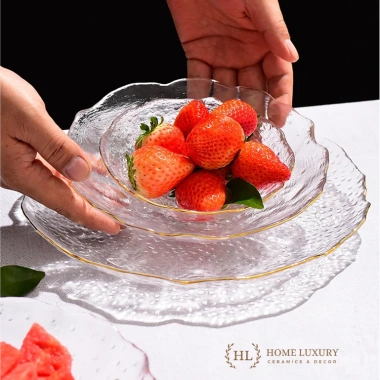 Bộ Bát Đĩa Thủy Tinh Vân Sần Viền Vàng Sang Trọng - Đựng Hoa Quả Home Luxury 90k