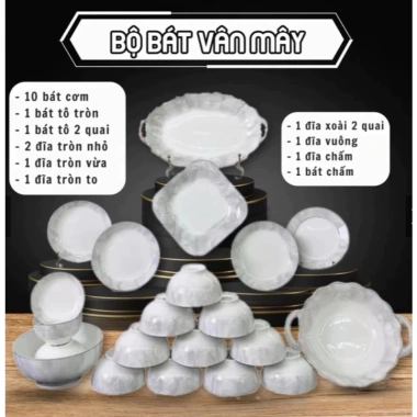 Bộ Bát Đĩa Vân Mây 20 Món Cao Cấp - Sứ Trắng - Bát Cơm, Đĩa Tròn, Vuông - 499.000₫