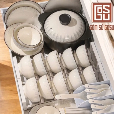 Bộ Bát Đĩa Xám Khói Viền Nâu Cao Cấp Gosu - Men Sáng Mịn, Giá Ưu Đãi 311.000₫