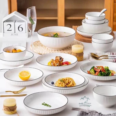 Bộ Bát Đĩa Xọc Trắng Viền Đen Bát Tràng - Men Sáng Bóng, Giá 85k, Loại 1 5