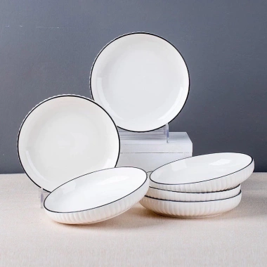 Bộ Bát Đĩa Xọc Trắng Viền Đen Bát Tràng - Men Sáng Bóng, Giá 85k, Loại 1 6