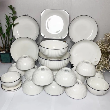 Bộ Bát Đĩa Xọc Trắng Viền Đen Bát Tràng - Men Sáng Bóng, Giá 85k, Loại 1 9