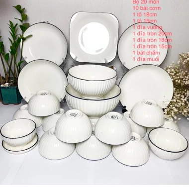 Bộ Bát Đĩa Xọc Trắng Viền Đen Bát Tràng - Men Sáng Bóng, Giá 85k, Loại 1 10