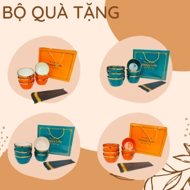 Bộ Bát HAPPY LIFE 6 Đôi Bát & Chén Cơm Sứ Viền Vàng, Hộp Quà Tặng Sang Trọng và 6 Đũa
