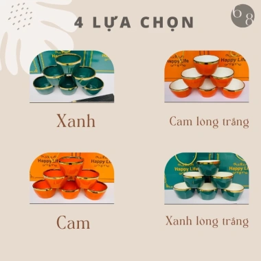 Bộ Bát HAPPY LIFE 6 Đôi Bát & Chén Cơm Sứ Viền Vàng, Hộp Quà Tặng Sang Trọng và 6 Đũa