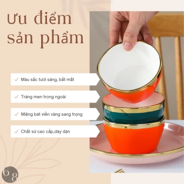 Bộ Bát HAPPY LIFE 6 Đôi Bát & Chén Cơm Sứ Viền Vàng, Hộp Quà Tặng Sang Trọng và 6 Đũa