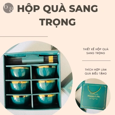 Bộ Bát HAPPY LIFE 6 Đôi Bát & Chén Cơm Sứ Viền Vàng, Hộp Quà Tặng Sang Trọng và 6 Đũa 7 Bộ Bát HAPPY LIFE 6 Đôi Bát & Chén Cơm Sứ Viền Vàng, Hộp Quà Tặng Sang Trọng và 6 Đũa 7