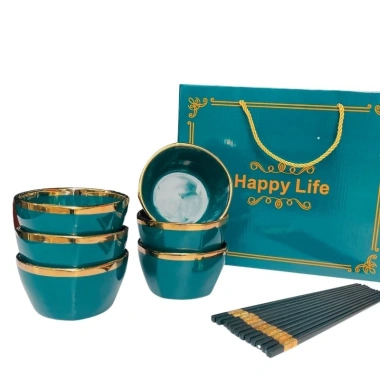 Bộ Bát HAPPY LIFE 6 Đôi Bát & Chén Cơm Sứ Viền Vàng, Hộp Quà Tặng Sang Trọng và 6 Đũa