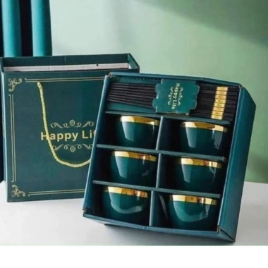 Bộ Bát HAPPY LIFE - Bát & Chén Sứ Viền Vàng, Hộp Quà Đẹp kèm 6 Đôi Đũa, 145k