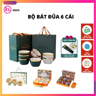 Bộ Bát HAPPY LIFE - Bát & Chén Sứ Viền Vàng, Hộp Quà Đẹp kèm 6 Đôi Đũa, 145k
