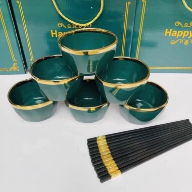 Bộ Bát HAPPY LIFE - Bát & Chén Sứ Viền Vàng, Hộp Quà Đẹp kèm 6 Đôi Đũa, 145k