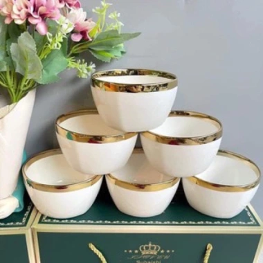 Bộ Bát HAPPY LIFE - Bát & Chén Sứ Viền Vàng, Hộp Quà Đẹp kèm 6 Đôi Đũa, 145k