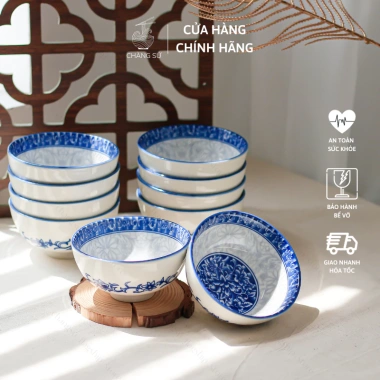 Bộ bát sứ cao cấp hoa xanh lam 6 & 10 món - Chén cơm cúng gia tiên, vỡ 1 đổi 1, giá ưu đãi 112.500 VND