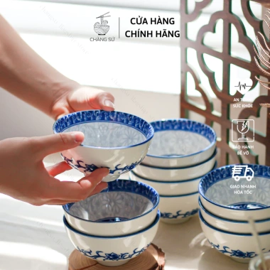Bộ bát sứ cao cấp hoa xanh lam 6 & 10 món - Chén cơm cúng gia tiên, vỡ 1 đổi 1, giá ưu đãi 112.500 VND