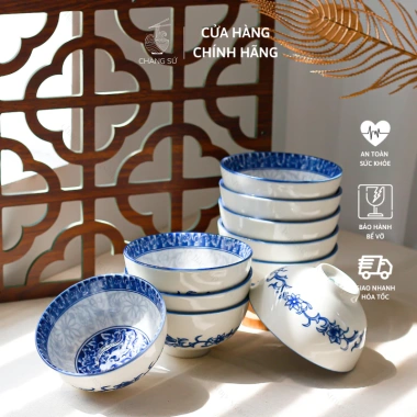 Bộ bát sứ cao cấp hoa xanh lam 6 & 10 món - Chén cơm cúng gia tiên, vỡ 1 đổi 1, giá ưu đãi 112.500 VND