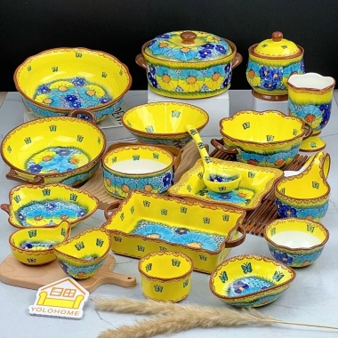 Bộ Bát Sứ Đẹp Xuất Âu - Bát Ăn Cơm Họa Tiết Dạ Yến Vàng Mix Xanh Dương Vẽ Tay, Giá 104.400₫