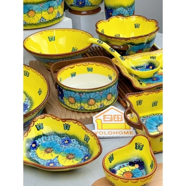 Bộ Bát Sứ Đẹp Xuất Âu - Bát Ăn Cơm Họa Tiết Dạ Yến Vàng Mix Xanh Dương Vẽ Tay, Giá 104.400₫