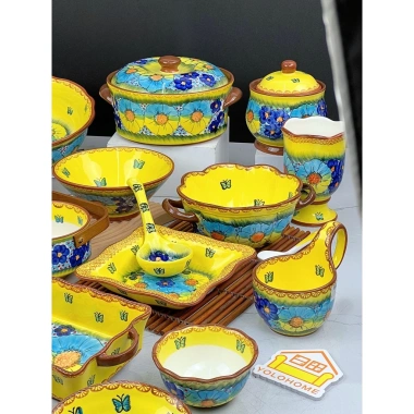 Bộ Bát Sứ Đẹp Xuất Âu - Bát Ăn Cơm Họa Tiết Dạ Yến Vàng Mix Xanh Dương Vẽ Tay, Giá 104.400₫