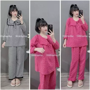 Bộ bầu sau sinh Dài Đũi Thái Kẻ Cổ Lá kèm dây buộc nơ 5 màu - Giá 150.000 VND
