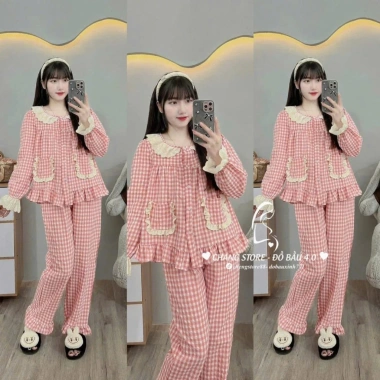 Bộ bầu sau sinh Thái dài kẻ ren vuông kèm nơ – Siêu mềm, giảm giá 18% 2