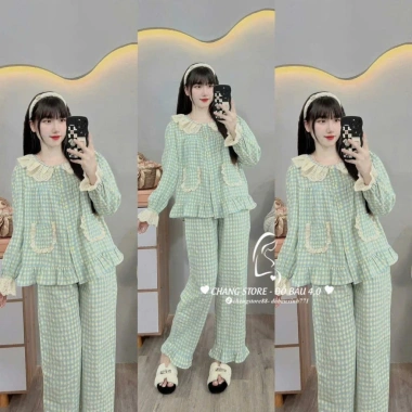 Bộ bầu sau sinh Thái dài kẻ ren vuông kèm nơ – Siêu mềm, giảm giá 18% 3