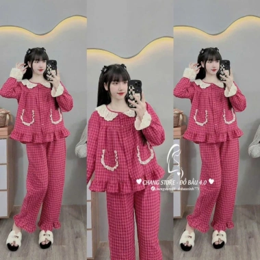 Bộ bầu sau sinh Thái dài kẻ ren vuông kèm nơ – Siêu mềm, giảm giá 18% 4