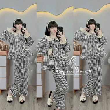 Bộ bầu sau sinh Thái dài kẻ ren vuông kèm nơ – Siêu mềm, giảm giá 18% 5
