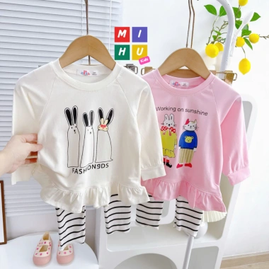 Bộ bé gái áo baby doll + quần ôm, thun in cartoon dễ thương, giảm giá 99k 4