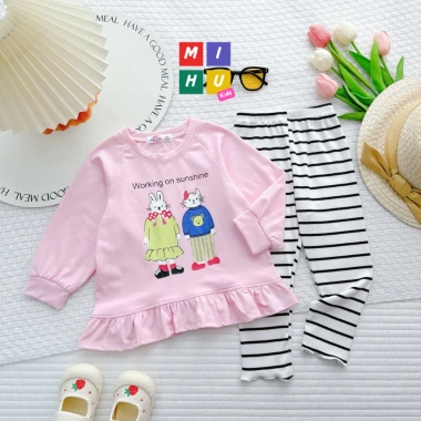 Bộ bé gái áo baby doll + quần ôm, thun in cartoon dễ thương, giảm giá 99k 7