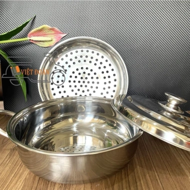 Bộ Bếp Cồn INOX Chắn Gió Chống Tràn + Nồi Lẩu và Vỉ Hấp - Giá Ưu Đãi 133k