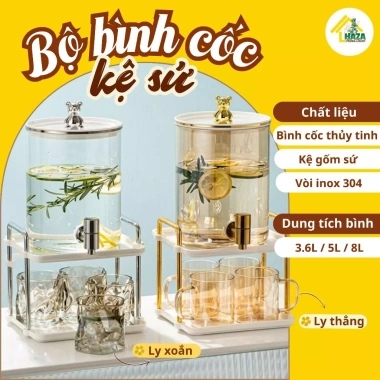 Bộ bình côc thủy tinh chịu nhiệt 5L, bình nước có vòi kệ, sứ côc nước, giảm giá 20%
