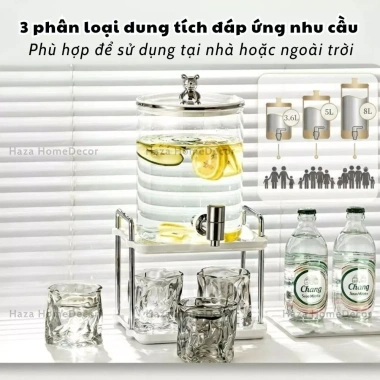 Bộ bình côc thủy tinh chịu nhiệt 5L, bình nước có vòi kệ, sứ côc nước, giảm giá 20% 6
